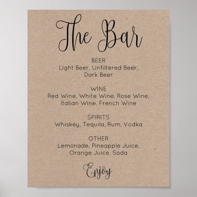 Rustic script simple wedding alcohol drinks bar poster (Front)