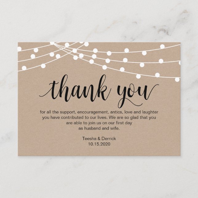 Rustic Script, string light, Wedding Thank you Enclosure Card (Front)