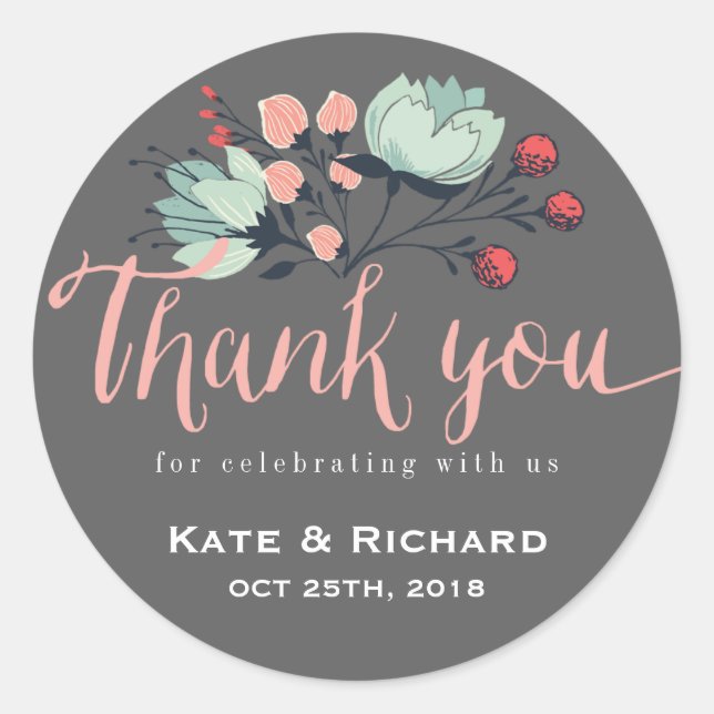 Rustic Script Thank You Floral Wedding Sticker (Front)