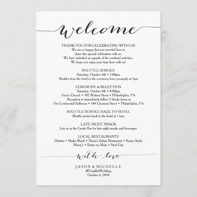 Rustic Script Wedding Itinerary - Wedding Welcome Program (Front)