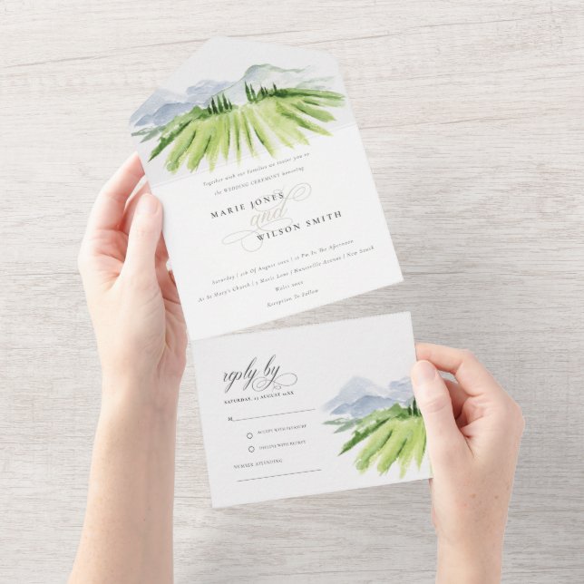 Rustic Script Winery Vineyard Mountain Wedding All In One Invitation (Tearaway)