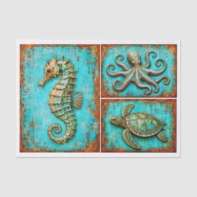 Rustic Seahorse Octopus Turtle Set RS2L Decoupage Tissue Paper (Front)