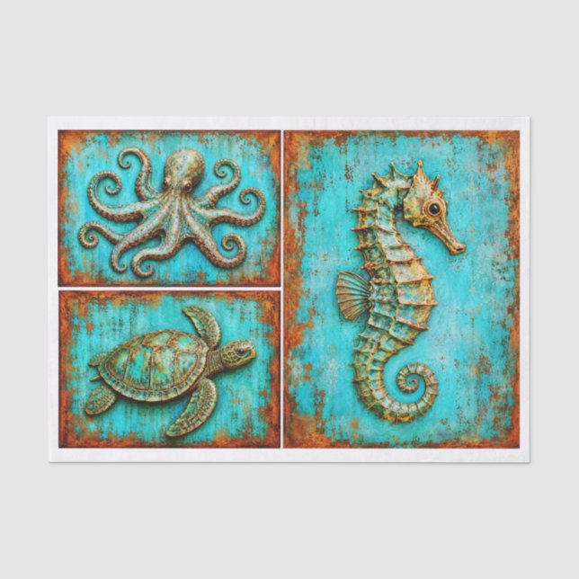 Rustic Seahorse Octopus Turtle Set RS2R Decoupage Tissue Paper (Front)
