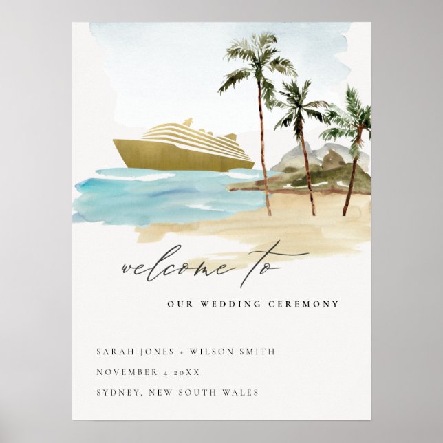 Rustic Seascape Beach Cruise Palm Wedding Welcome Poster (Front)