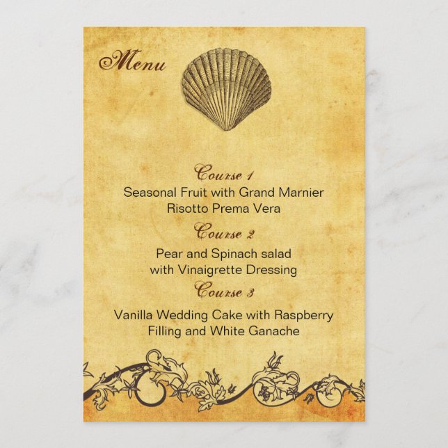rustic seashell  beach wedding menu cards (Front)
