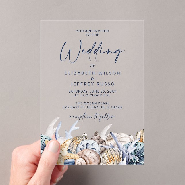 Rustic Seashells Ocean Sea Summer Beach Wedding Acrylic Invitations (Insitu (Handheld))