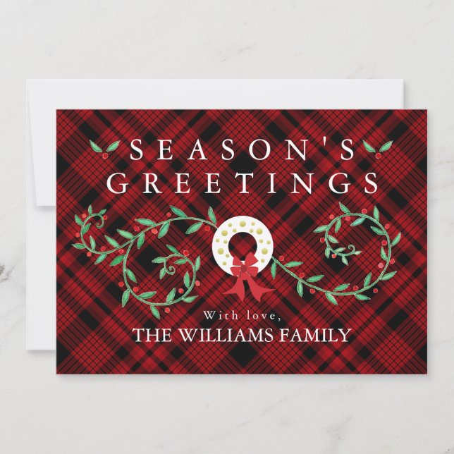 Rustic Season's Greetings Wreath Red Plaid Family Holiday Card (Front)