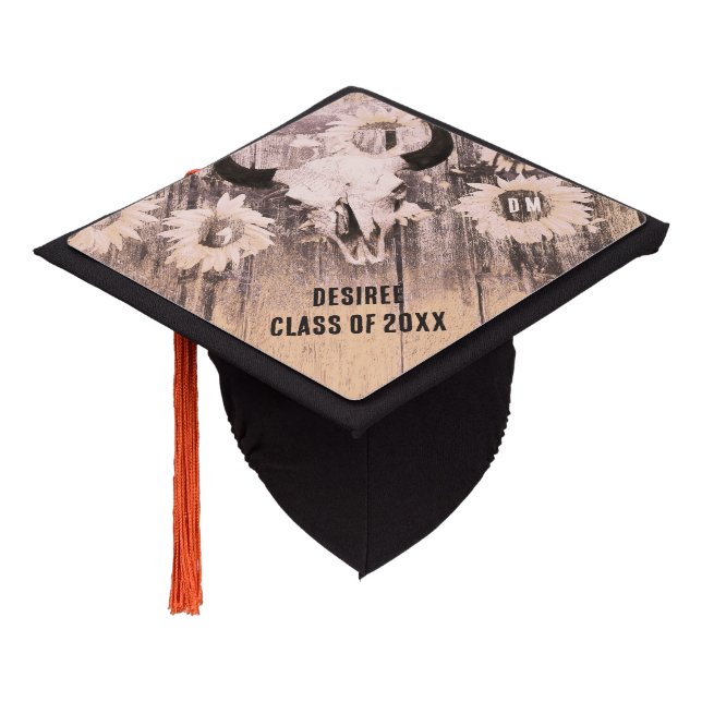 Rustic Sepia Western Bull Skull Sunflowers On Wood Graduation Cap Topper (Angled)