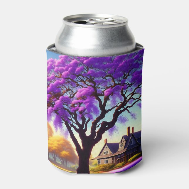 **"Rustic Serenity: The Purple Jacaranda's Embrace Can Cooler (Can Front)