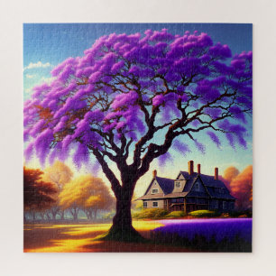 **"Rustic Serenity: The Purple Jacaranda's Embrace Jigsaw Puzzle