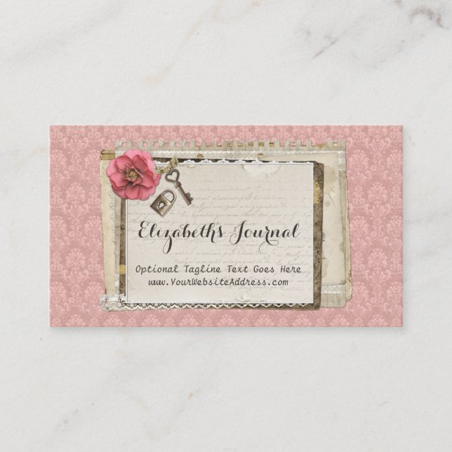 Rustic Shabby Chic Pink Victorian Damask Journal Business Card (Front)