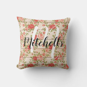 Rustic Shabby Rose Monogram Throw Pillow