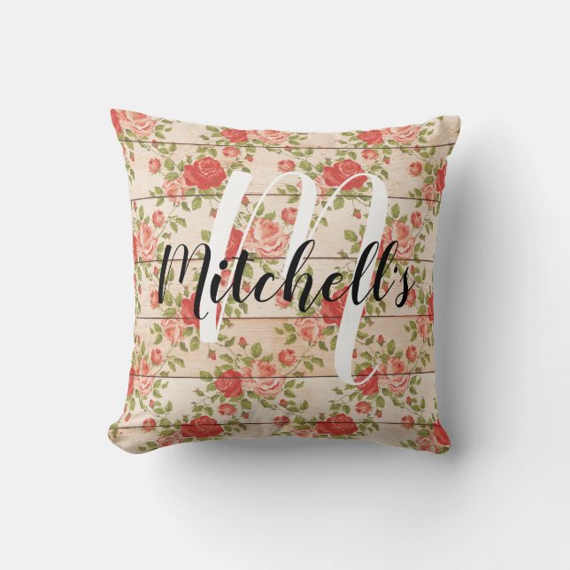 Rustic Shabby Rose Monogram Throw Pillow (Front)