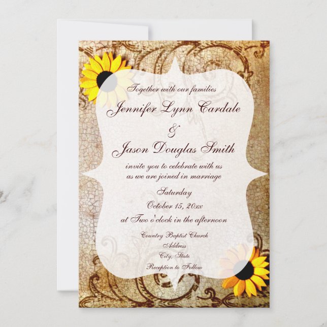 Rustic Shabby Sunflowers Swirls Wedding Invitation (Front)