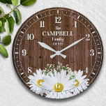 Rustic Shasta Daisy and Wood Family Name Large Clock<br><div class="desc">Fun,  personalized design.  Makes the perfect gift for a housewarming,  wedding,  or any occasion!</div>