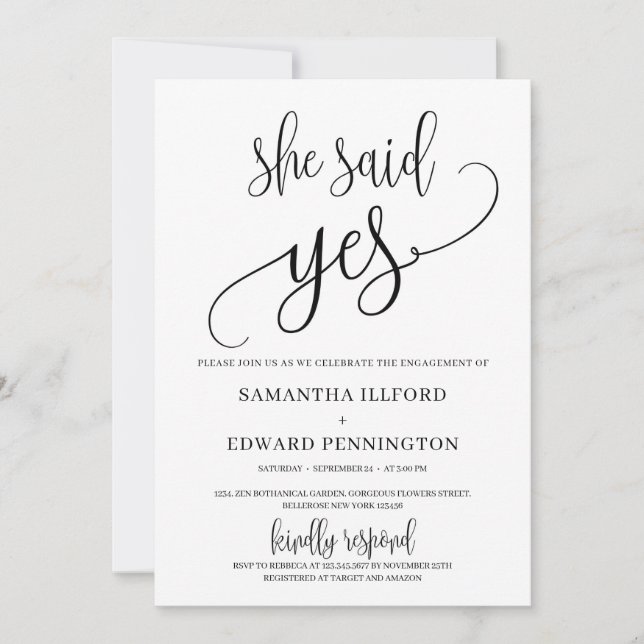 Rustic she said yes modern callygraphy engagement invitation (Front)