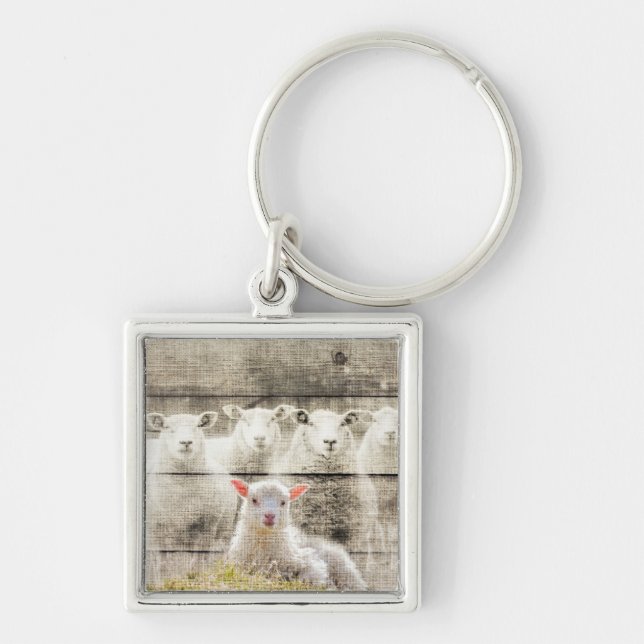 Rustic Sheep Baby Lamb Burlap Keychain (Front)