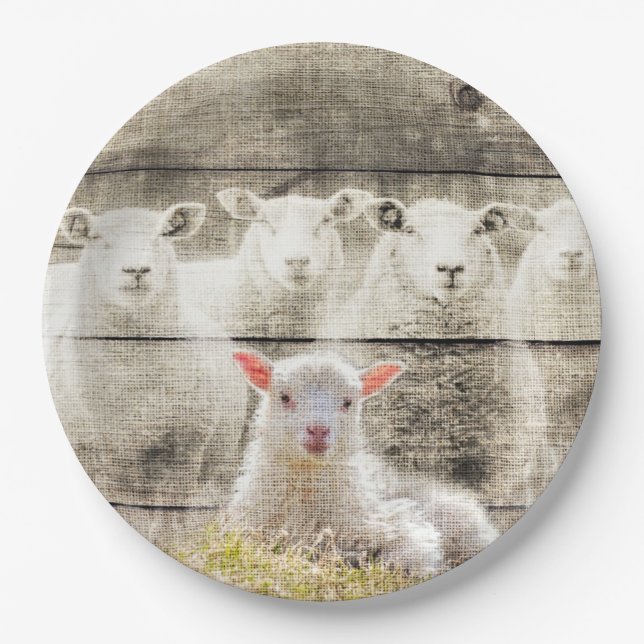 Rustic Sheep Baby Lamb Burlap Paper Plate (Front)