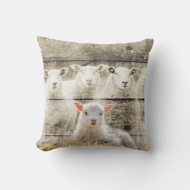 Rustic Sheep Baby Lamb Burlap Throw Pillow (Front)
