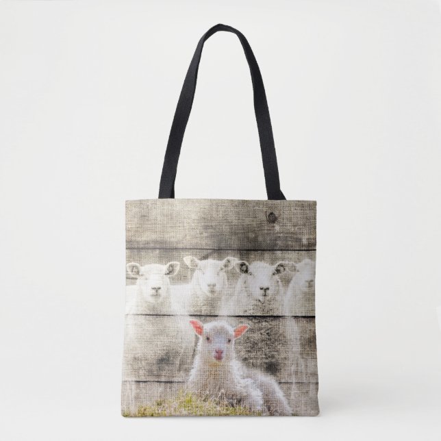 Rustic Sheep Baby Lamb Burlap Tote Bag (Front)