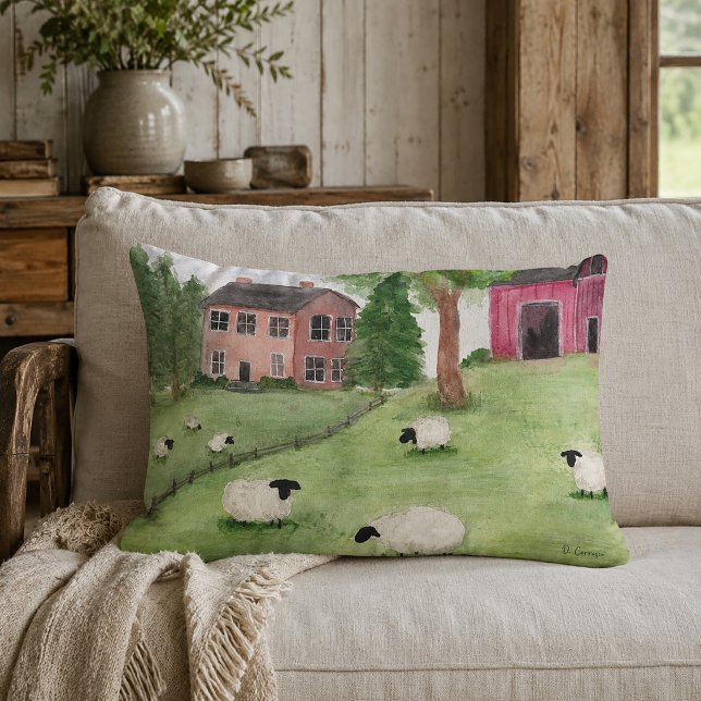 Rustic Sheep in Pasture Lumbar Pillow (Rustic Farmhouse Throw Pillow)