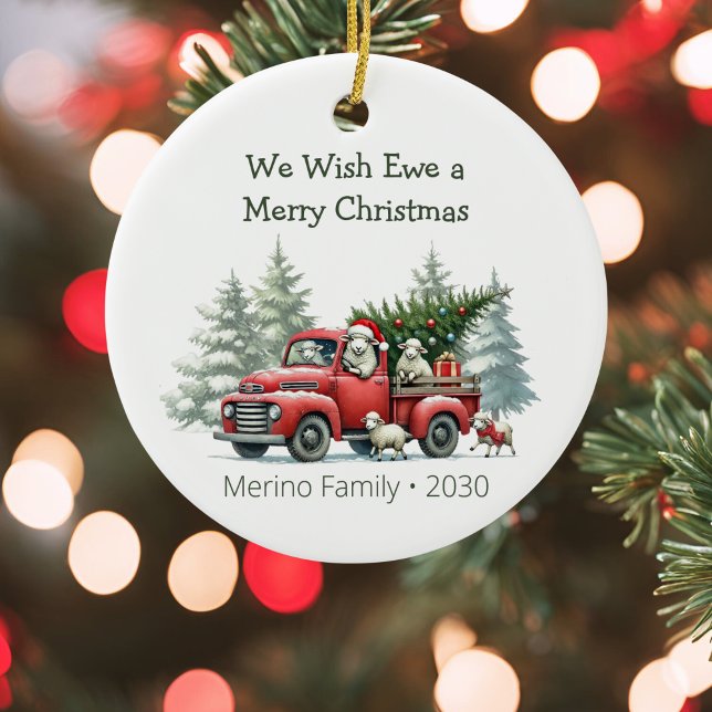 Rustic Sheep Red Truck Themed  Ceramic Ornament (We wish ewe a merry christmas rustic red truck ceramic ornament)