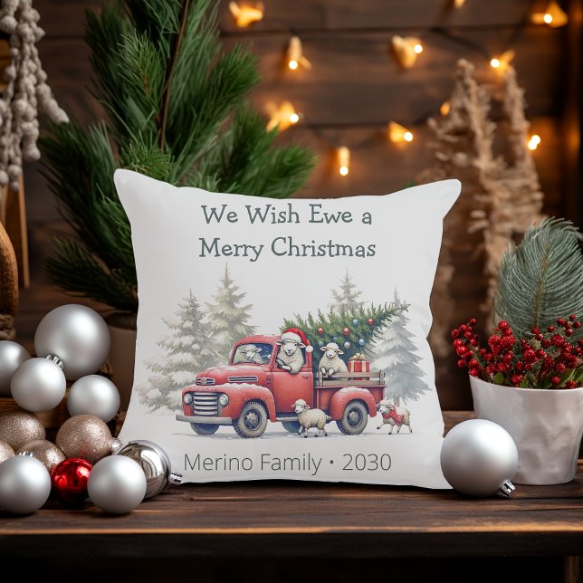 Rustic Sheep Red Truck Themed  Throw Pillow (We wish ewe a merry christmas throw pillow)