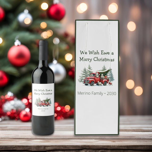 Rustic Sheep Vintage Red Truck Wine Gift Bag (we wish ewe a merry christmas wine bag, vintage red truck )