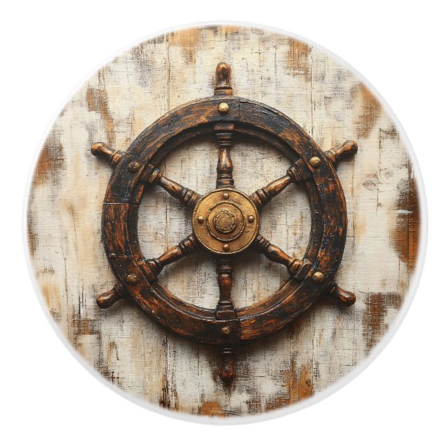 Rustic Ship Wheel Helm Nautical Ceramic Knob (Front)