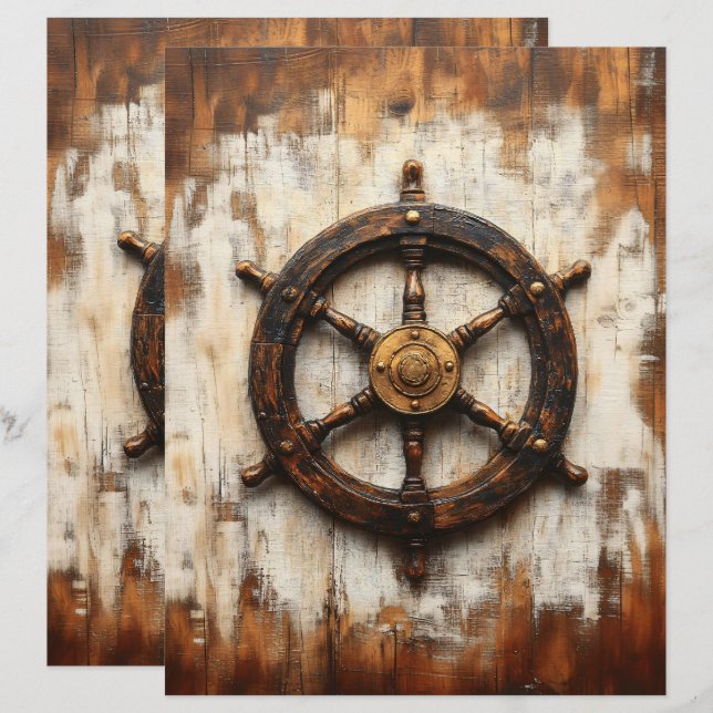 Rustic Ship Wheel Helm Nautical Scrapbook Paper (Front/Back)