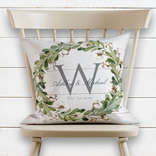 Rustic Shiplap Wreath Monogram Wedding Keepsake Throw Pillow