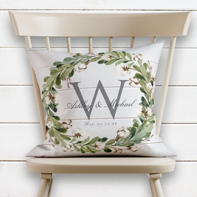 Rustic Shiplap Wreath Monogram Wedding Keepsake Throw Pillow (Creator Uploaded)