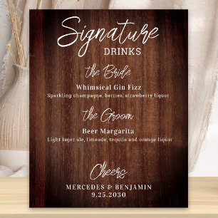 Rustic Signature Drinks Personalized Wedding Bar Poster