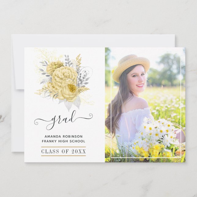 Rustic Silver and Gold Floral Graduation Photo Announcement (Front)