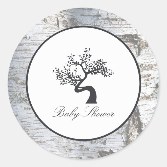Rustic Silver Birch Tree Baby Shower Classic Round Sticker (Front)