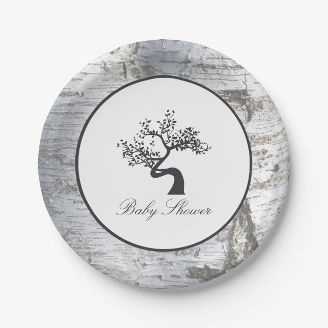 Rustic Silver Birch Tree Baby Shower Paper Plate (Front)