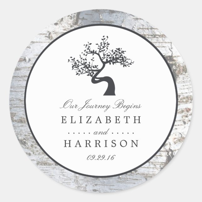 Rustic Silver Birch Tree Wedding Classic Round Sticker (Front)