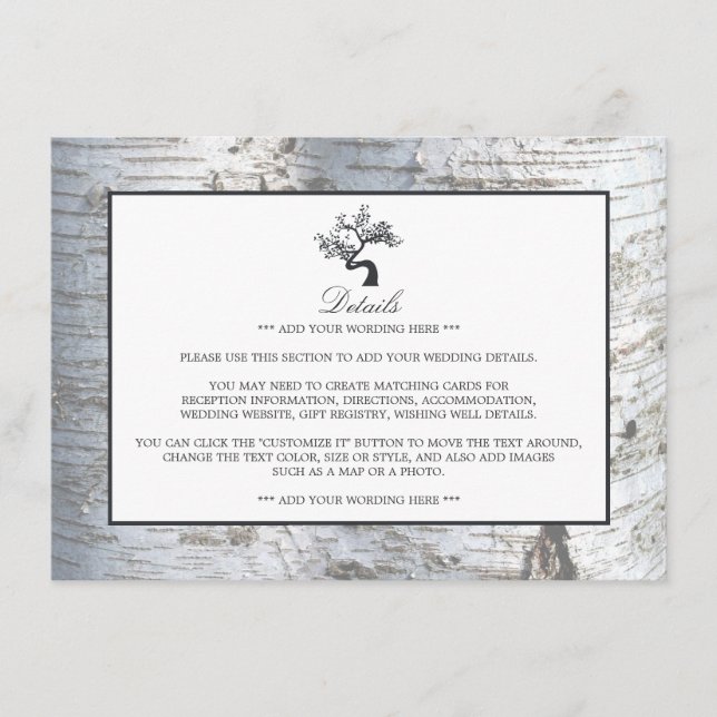 Rustic Silver Birch Tree Wedding Detail Enclosure Card (Front)