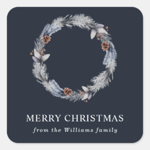 Rustic Silver Blue Winter Floral Wreath Square Sticker