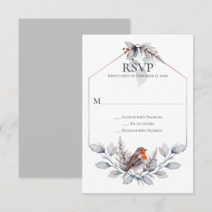 Rustic Silver Grey Rust Botanicals Bird RSVP Card
