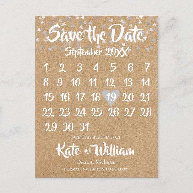 Rustic Silver Love Heart Calendar Save the Date Announcement Postcard (Front)