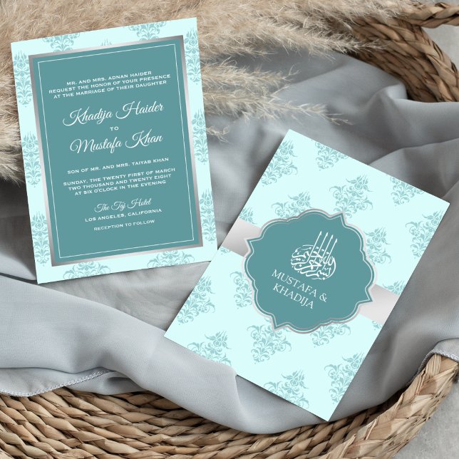 Rustic Silver Pastel Teal Damask Muslim Wedding Invitation (Creator Uploaded)