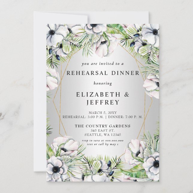 Rustic Silver White Anemone Gold Rehearsal Dinner  Invitation (Front)