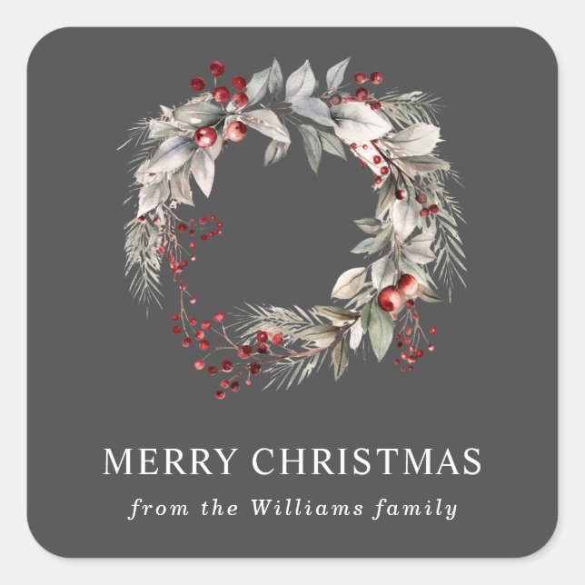rustic silver winter floral wreath  square sticker (Front)