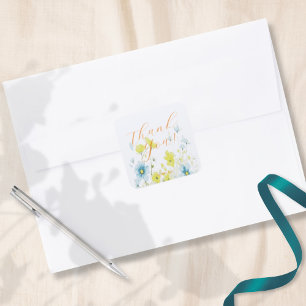 Rustic Simple Blue Yellow Poppies Watercolor Square Sticker