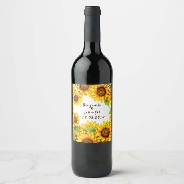 Rustic simple calligraphy boho sunflower wedding  wine label (Front)