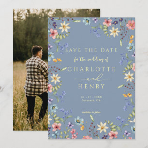 Rustic Simple Dusty Blue Photo Wedding Save The Date