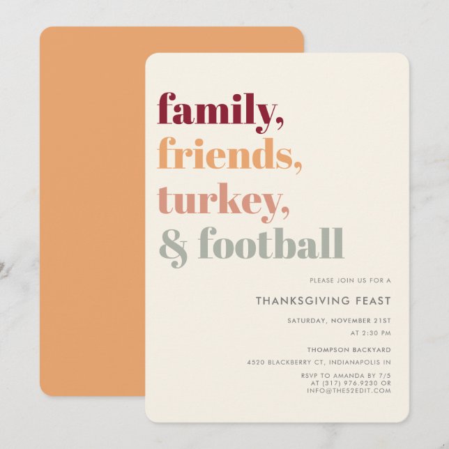 Rustic Simple Football Thanksgiving Dinner Party Invitation (Front/Back)