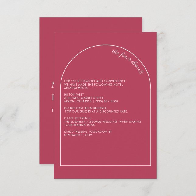 Rustic Simple Modern Arch Magenta Wedding   Enclosure Card (Front/Back)