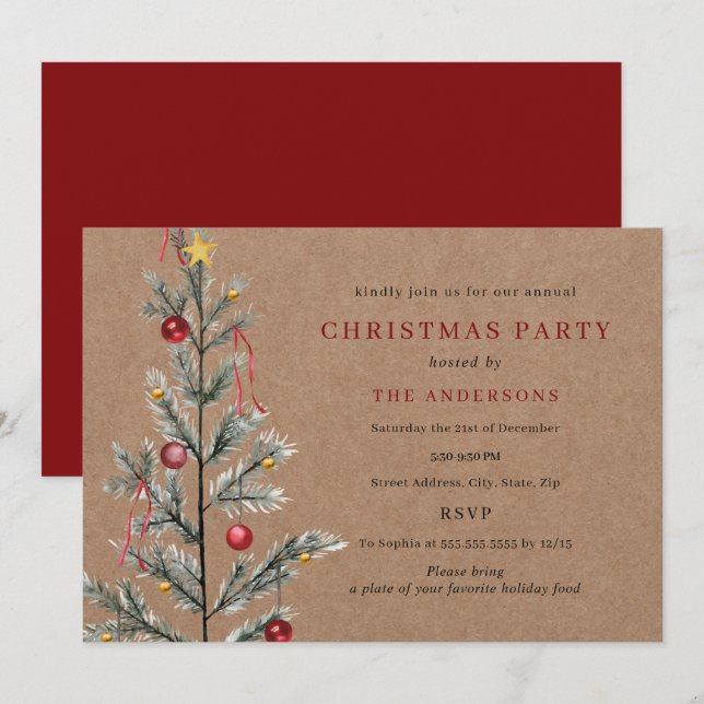 Rustic Simple Traditional Tree Christmas Party Invitation (Front/Back)